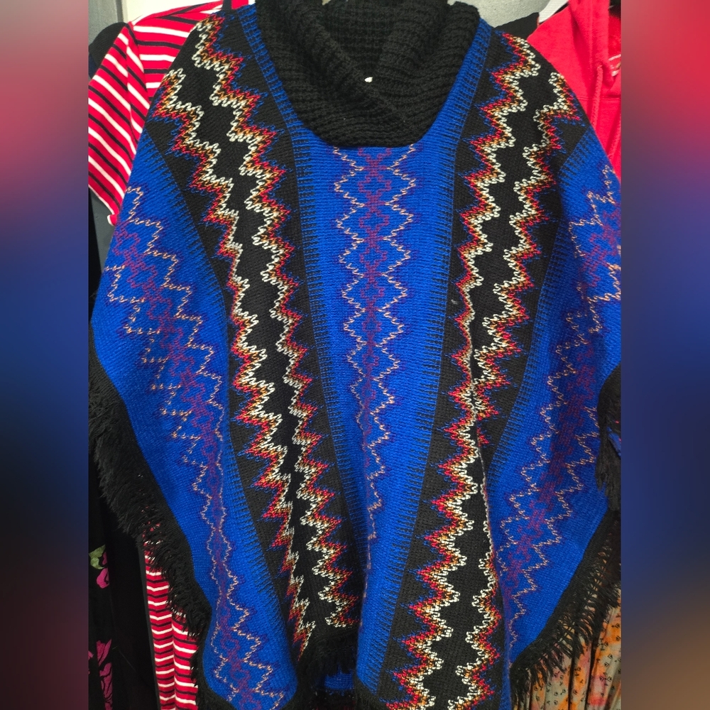 Vintage 90s Vibrant Blue and Black Knit Poncho Aztec Print Turtleneck ONE SIZE